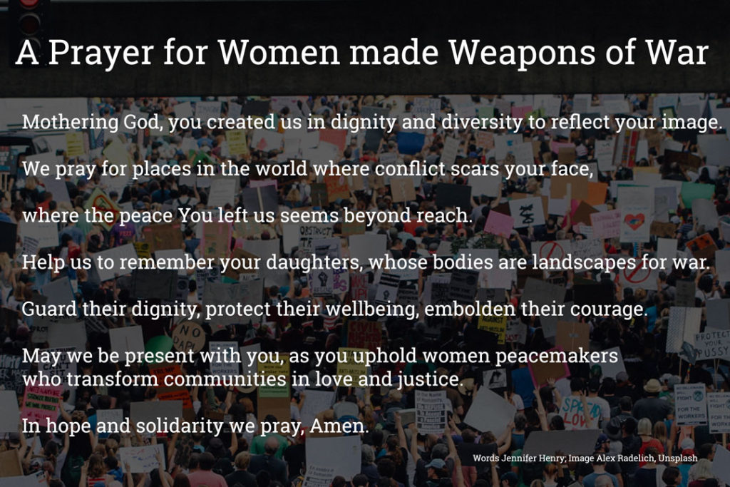 women made weapons of war prayer over protest background